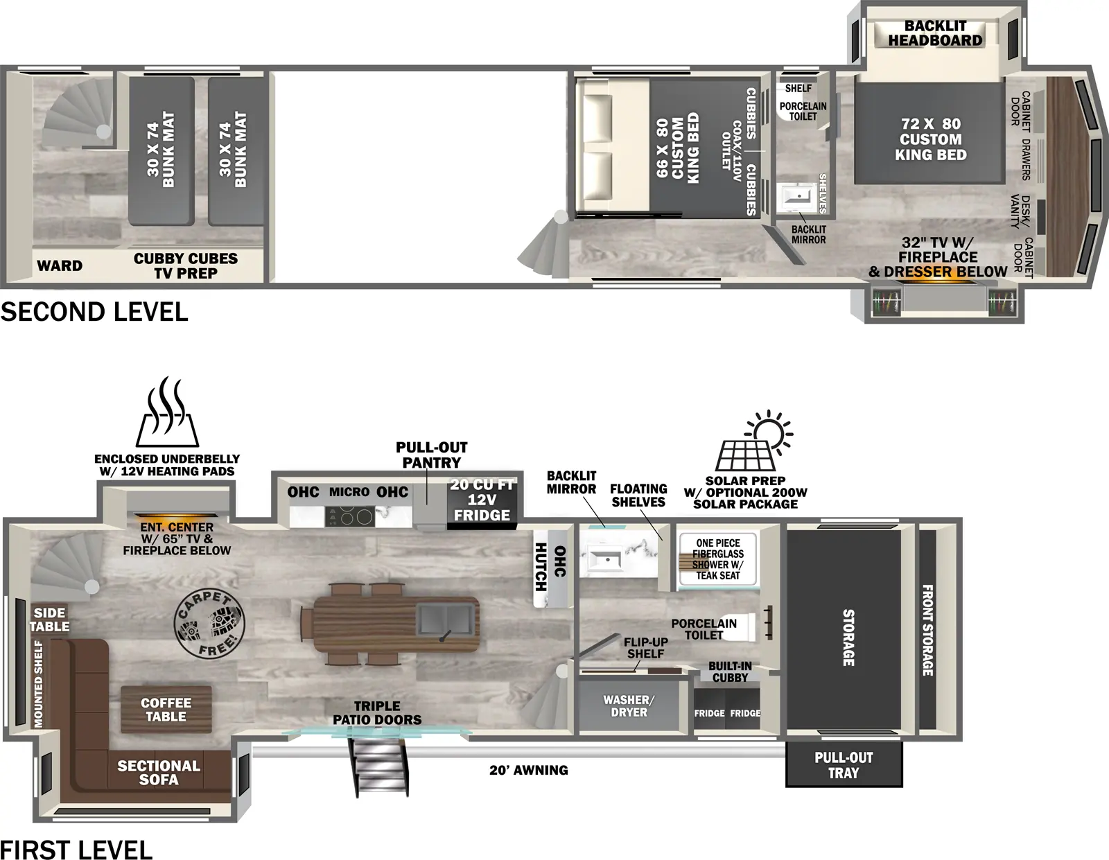 The Heritage Glen Fifth Wheels ROOST43 has one entry and five slide outs. Exterior features include: fiberglass exterior and 20' awning. Interiors features include: loft, kitchen island, front bedroom, two bedrooms and rear living.